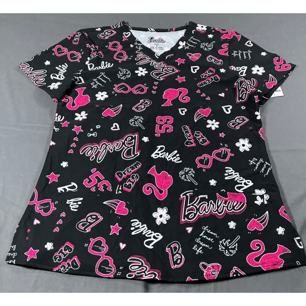 Barbie Womens Scrub Top Small Black Pink Dream Big V-Neck Medical Uniform 1BL054